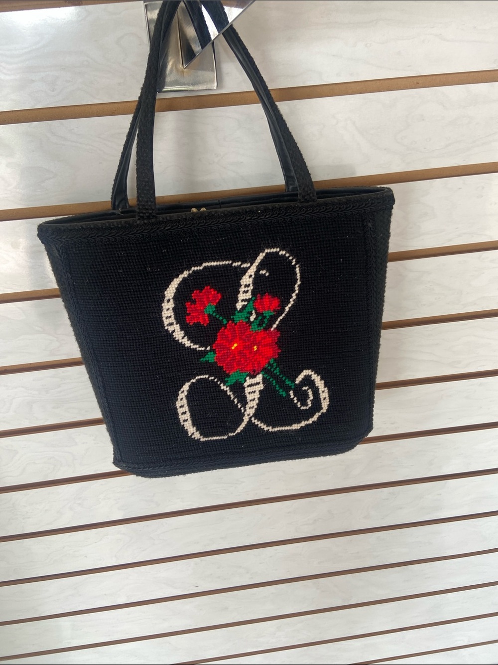 Black VTG CROCHET NEEDLE POINT Floral Tote with Red Rose Motif